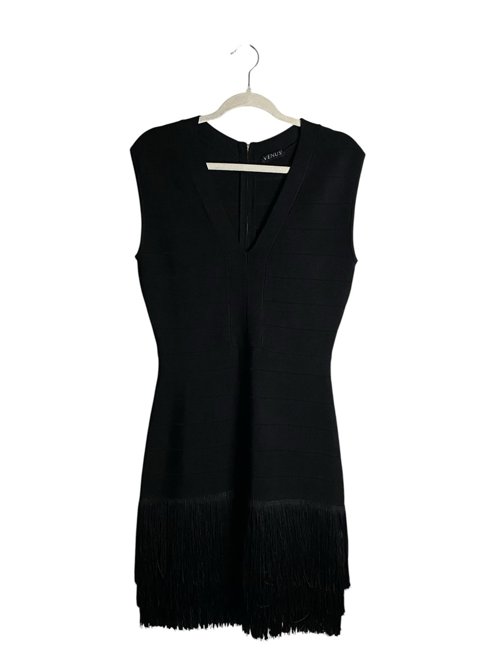 VENUS Women's Black V-Neck Sleeveless Fringe Hem Bodycon Evening Dress